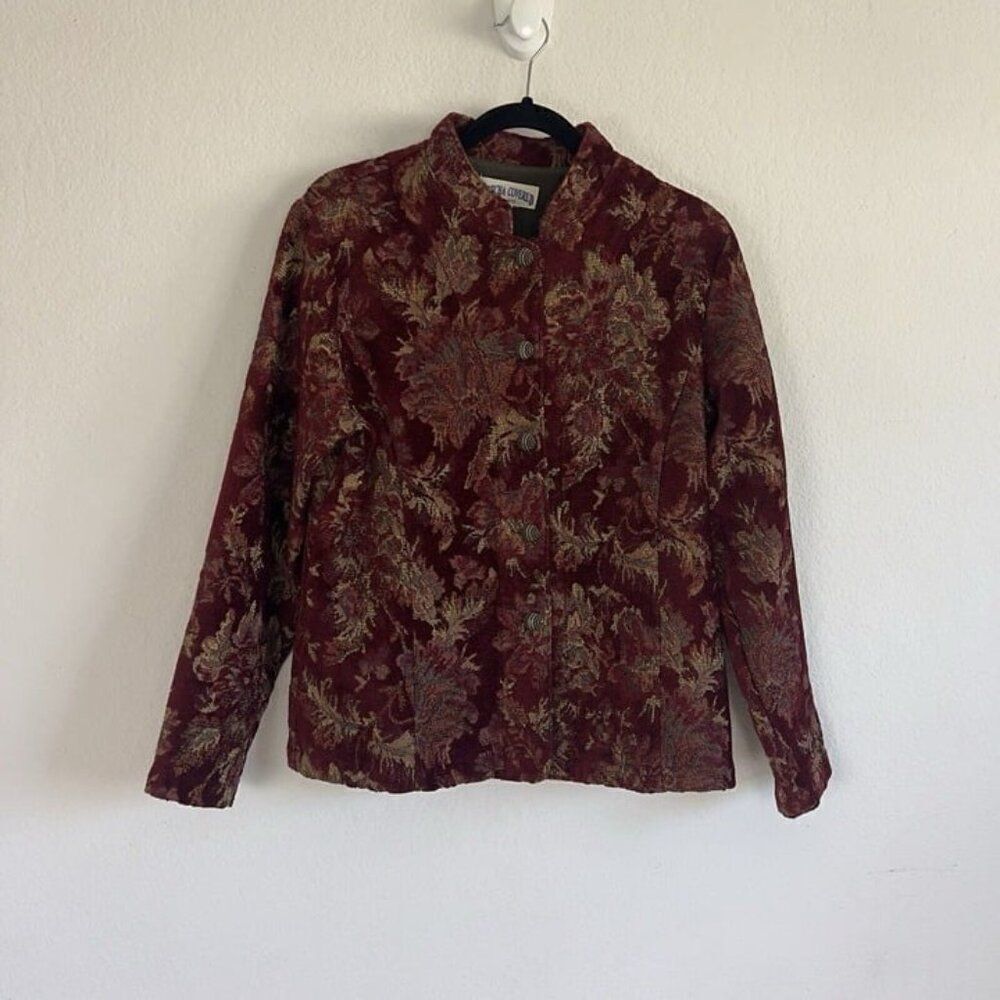 Women's Burgundy Floral Brocade Bomber Jacket